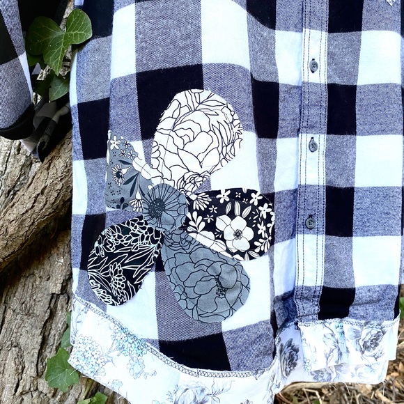 Flannel Buffalo Check Plaid Shacket Grunge Boho Frayed Floral Hippie Patch 2XL - Picture 4 of 11